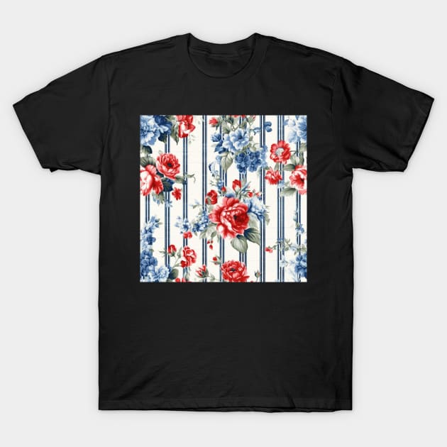 Red White and Blue Patriotic Shabby Floral T-Shirt by VintageFlorals